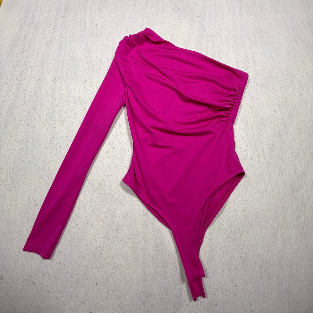 Zara Magenta Pink One Shoulder Ruched Long Sleeve Bodysuit Small